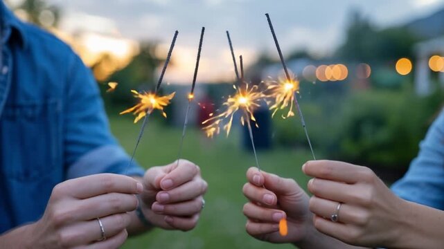 Couple holding sparklers at sunset romantic celebration outdoor party festive sparks glowing