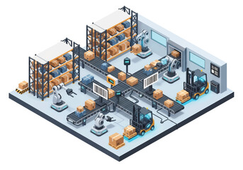 Obraz premium Squared 3D vector isometric view of a smart automated warehouse with robotic arms, forklifts, conveyor belts, and barcode scanners handling packages, efficiency, logistics, and modern industry