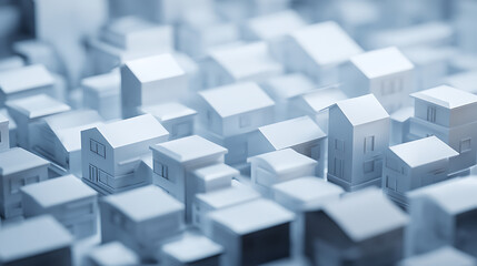 Miniature model of a residential neighborhood with white houses in a dense urban layout