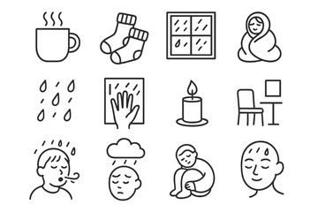Fototapeta premium Rainy Day Comfort. Line style icons of rainy day moods: steaming mug, curled up socks, window view, wrapped blanket; raindrop