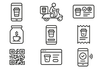 Digital Coffee Icons. Line style icons of digital coffee services: mobile order, coffee delivery, loyalty card, barcode scan; tip