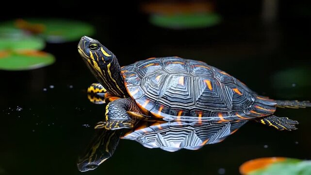 Vibrant turtle gracefully floating on dark water, showcasing intricate shell patterns.