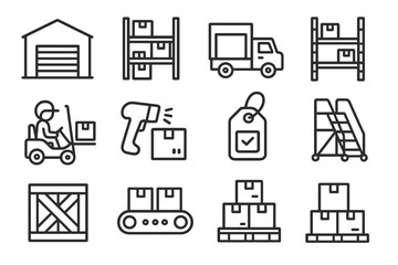Warehouse Elements Icons. Line style icons of warehouse elements: warehouse building, shelves, loading dock, storage rack;