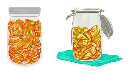 Artistic rendition of two jars of delicious, vibrant kimchi, perfect for food blogs or healthy eating designs