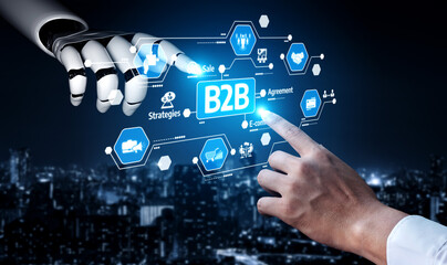 A striking image showcasing the interaction between a robotic hand and a human hand, symbolizing B2B agreements and innovative business strategies against a city backdrop. Tessel