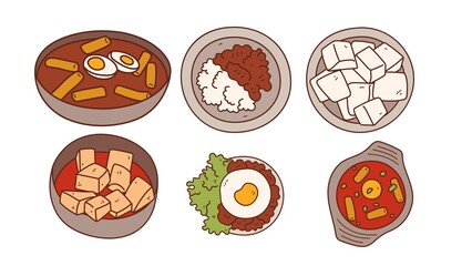 Taste the deliciousness with this vibrant collection of Korean food dishes, perfect for food blogs or menus