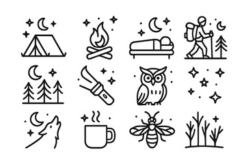 Night Camp Icons. Line style icons of night camp scenes: tent with stars, campfire at night, sleeping under sky, night hike icon;