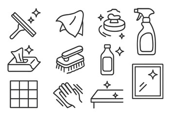 Surface Cleaning Icons. Line style icons of surface cleaning: window squeegee, microfiber cloth, polishing pad, spray cleaner;