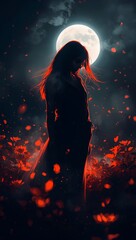 Mystical Woman Silhouette Under Full Moon – Dark Fantasy Female Art