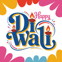 Happy Diwali artistic lettering, vibrant swirls and curves, colorful festive composition, modern celebration headline, poster graphic vector