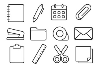 Office Tools Icons. Line style icons of essential office tools: notebook, pen, calendar, paperclip; stapler, folder, tape,
