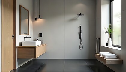Ultra-minimal bathroom with open walk-in shower, wooden vanity, pendant lights, and dark floor tiles. Clean lines and soft daylight give a fresh, elegant, and tranquil feeling.