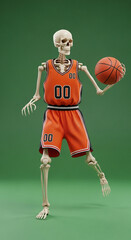 halloween spooky skeleton basketball player in vibrant orange jersey holding ball against green screen, playful and eerie mood,...