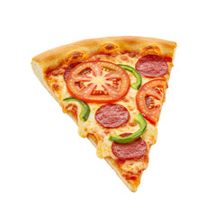 Slice of pepperoni pizza with tomatoes and green peppers on a transparent background of isolate