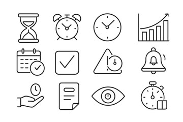 Time Management Icons. Line style icons of time management: hourglass, alarm clock, time ring, productivity chart; calendar time,