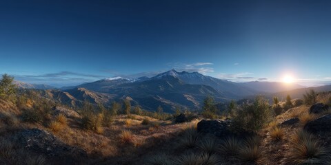 Stunning hdri panoramic sunrise over exported mountain valley nature landscape vibrant environment