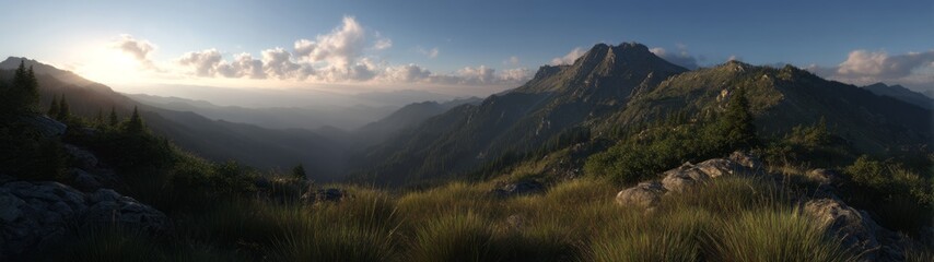 Stunning sunrise hdri panoramic view of exported mountain valley landscape in nature's embrace