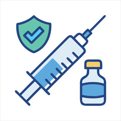 Vaccination concept with syringe, vial, and shield