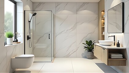 Bright modern bathroom with white marble tiles, glass shower cabin, wall-hung toilet, floating vanity, and indoor plant, creating a serene and luxurious spa-like atmosphere with natural light.