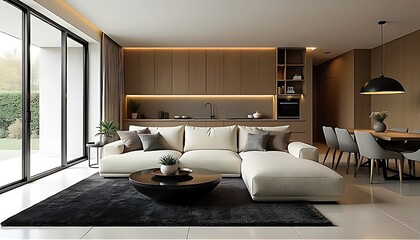 Bright open-concept living room with cream sectional sofa, black rug, and warm wood kitchen backdrop. Clean lines and natural light enhance the airy feeling.

