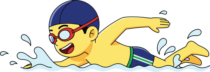 Happy cartoon boy swimming freestyle in pool water, wearing blue swim cap and goggles, cheerful expression, splashing water, summer sport activity illustration