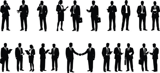 Business professionals silhouette set, corporate interaction, office communication, teamwork concept, formal attire, workplace diversity, vector illustration, business people