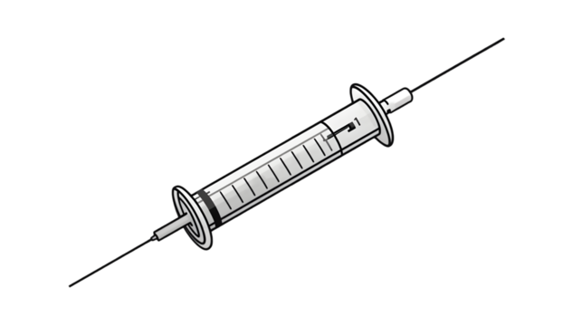 Stylized illustration of a vintage syringe on a black background