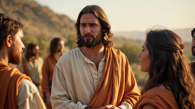 Jesus in traditional robes speaking with followers in golden hour light. Ancient Middle Eastern scene with authentic period costumes and natural landscape backdrop.