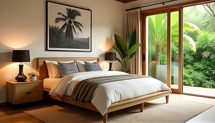 Warm bedroom interior with natural wood bed and bedside tables. Large monochrome palm tree art adds tropical charm, while garden views invite sunlight and fresh air.

