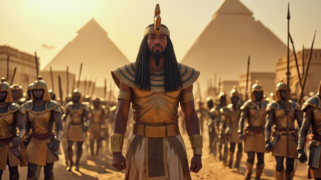 Majestic Egyptian pharaoh in golden royal attire leading vast army formation with Great Pyramid backdrop. Epic ancient civilization scene with dramatic desert sunset lighting.