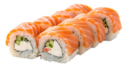 Delicious salmon sushi rolls cut out isolated on white background PNG. AI GENERATED.
