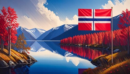 Serene lake reflecting mountains, trees & flag. Vivid autumnal color, bright day