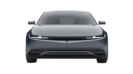Front view of a futuristic dark gray electric car automobile isolated on a transparent background