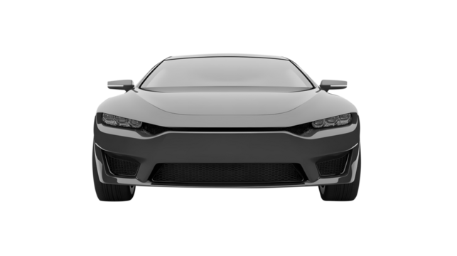 Front view of a dark gray modern sports car with aggressive styling isolated on a transparent background
