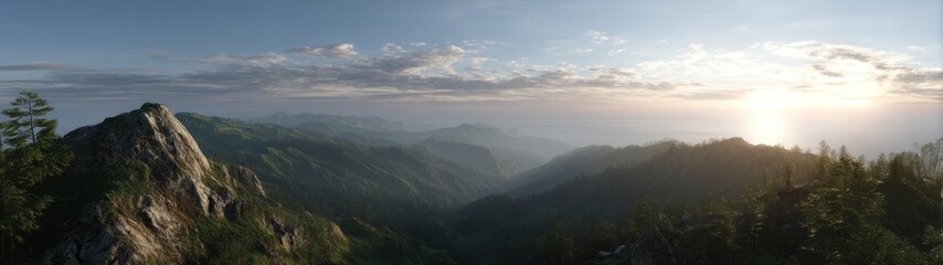 Fototapeta premium Panoramic hdr sunrise view of exported mountain valley landscape serene nature environment