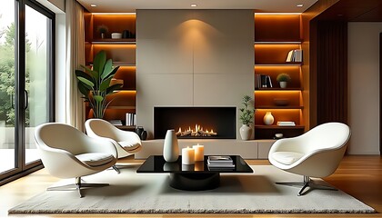 Bright minimalist lounge featuring sleek armchairs around a modern fireplace, wood shelves with warm lights, and a large glass door opening to natural greenery.