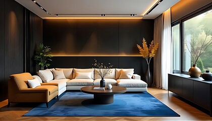 Cozy modern living room with sectional sofa, warm lighting, indoor plants and bold blue rug, creating a stylish and relaxing atmosphere for contemporary homes.