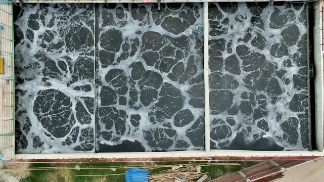 High Detail Aerial Footage of Wastewater Aeration and Biological Treatment in Industrial Plant