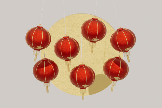  Group of Chinese lanterns with gold textured circle