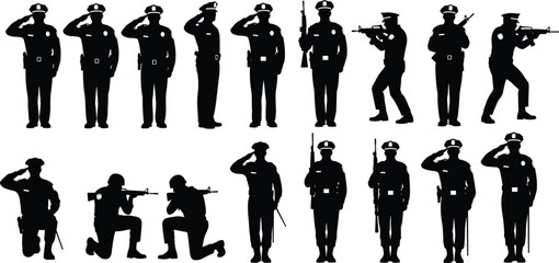 Police officer silhouettes in uniform, saluting, standing, kneeling, holding rifles, tactical and ceremonial poses, law enforcement vector illustration for security, authority, protection themes