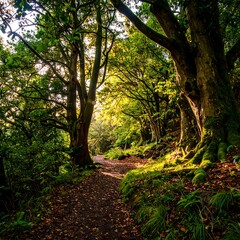 Obraz premium Sunlight filters through a path in a lush forest