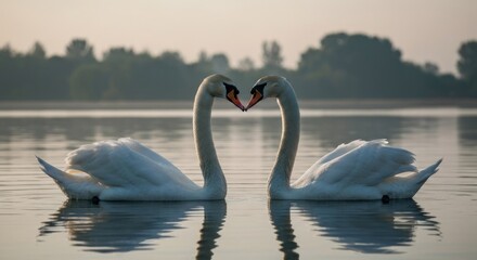 Fototapeta premium Two swans face each other, necks curved in a heart shape, on a calm lake at dawn