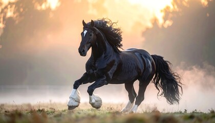 Obraz premium Majestic black horse runs freely in a misty field during sunrise near the forest