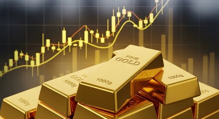 A close-up shot of gold bars stacked on top of each other with a stock market graph in the background.