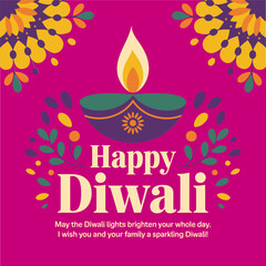 Happy Diwali badge, festival of lights seal, scalloped border circle, floral decorations, bright festive greeting, editable vector design
