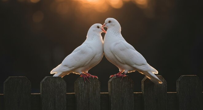 Two white doves perched on a wooden fence, facing each other, in soft golden sunlight