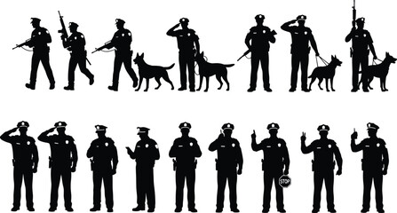 Police officer silhouettes with dogs, rifles, saluting, and traffic gestures, vector illustration for law enforcement, protection, patrol, discipline, public safety themes