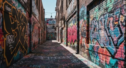 Fototapeta premium Urban alleyway, vibrant graffiti