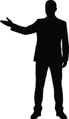 Silhouette of businessman presenting with open hand gesture, formal attire pose for leadership, introduction, communication, and corporate design themes
