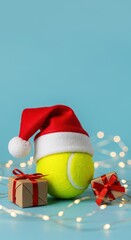 Christmas tennis concept: decorated ball with holiday lights and santa hat